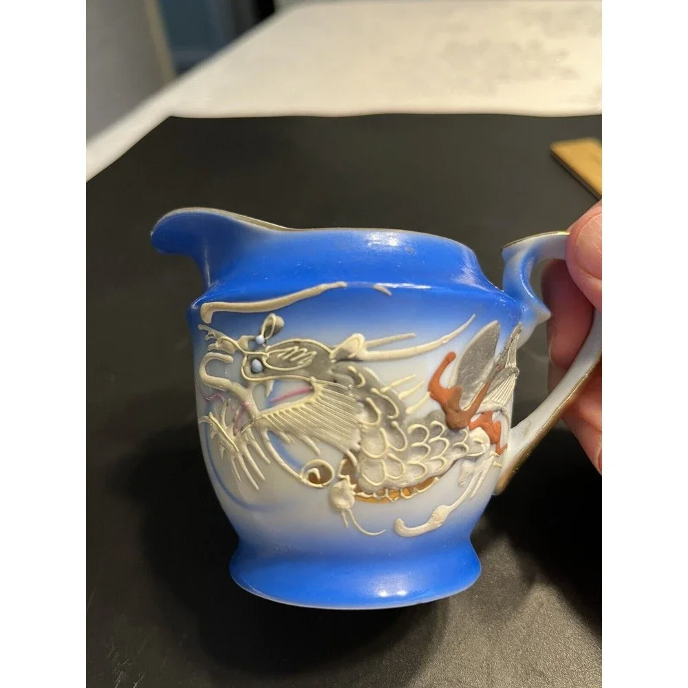 Vintage Dragonware Moriage Blue White Coffee Tea Pot Sugar Creamer Set